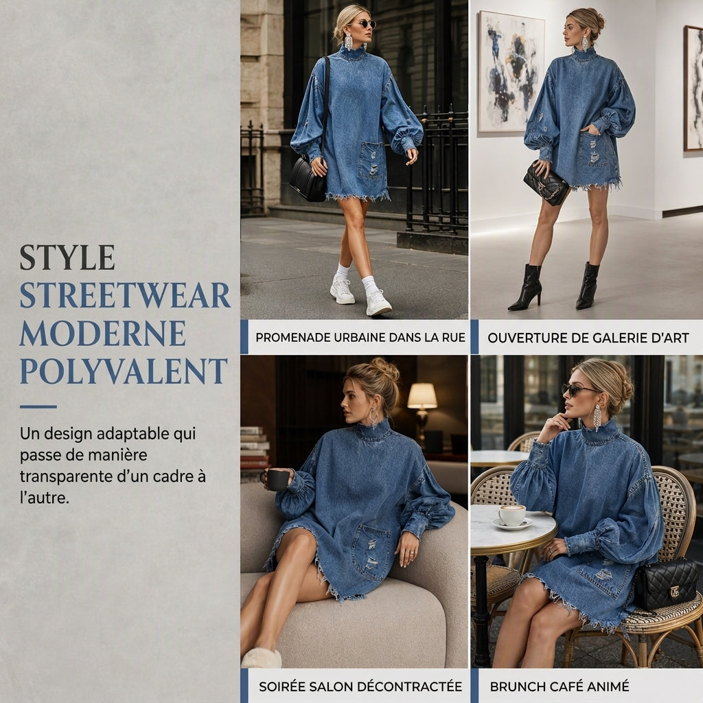 Robe mini en jean oversize à col montant pour femme