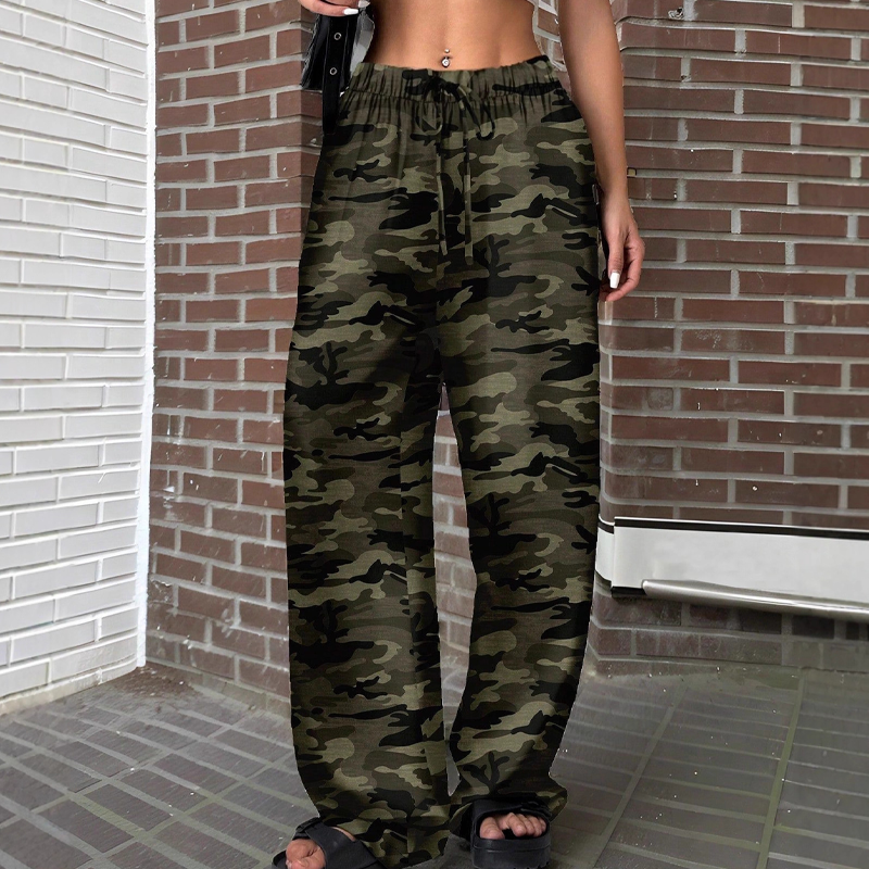 Pantalon camouflage baggy pour femme avec taille à cordon