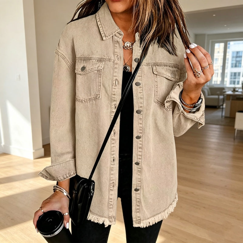 Veste en jean délavé à ourlet effiloché pour femme