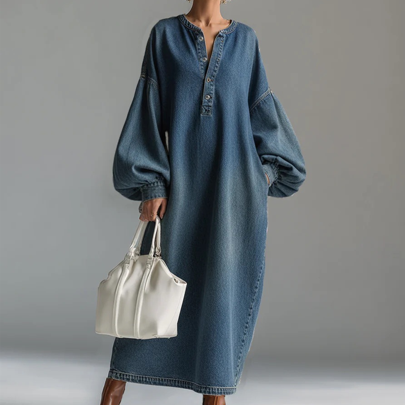Robe longue en denim femme coupe oversize, encolure boutonnée demi-poitrine, manches lanternes bouffantes avec poches latérales🍃 Coupe ample sans contrainte