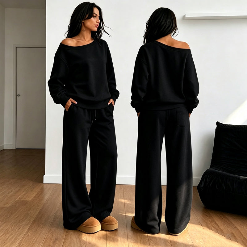 🔥 50% OFF | Women's Off-Shoulder Lounge Set – Wide-Leg Pants & Relaxed Fit