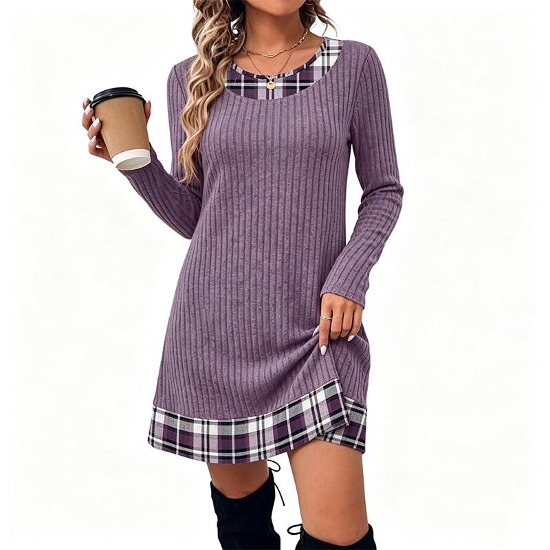 Robe en maille décontractée à patchwork à carreaux pour femme