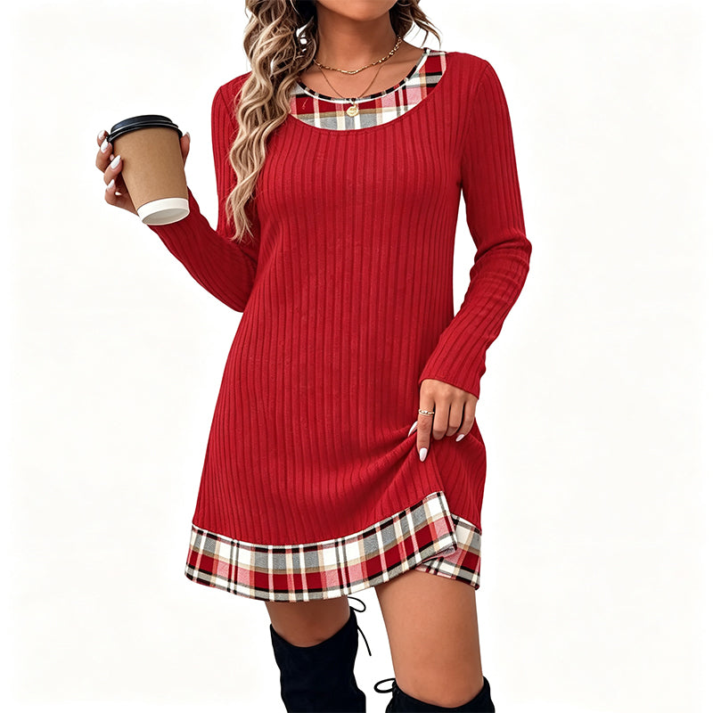 Robe en maille décontractée à patchwork à carreaux pour femme