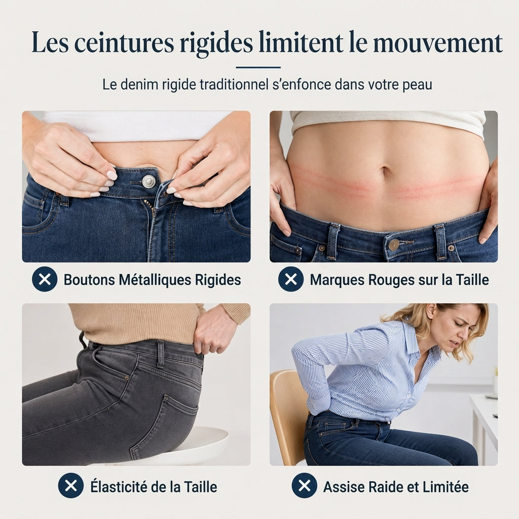 Jean en denim délavé foncé pour femme, coupe slim, taille haute, enfilage facile avec large ceinture élastique