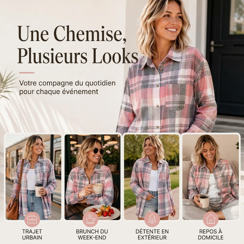 Veste-chemise mi-longue à carreaux pour femme