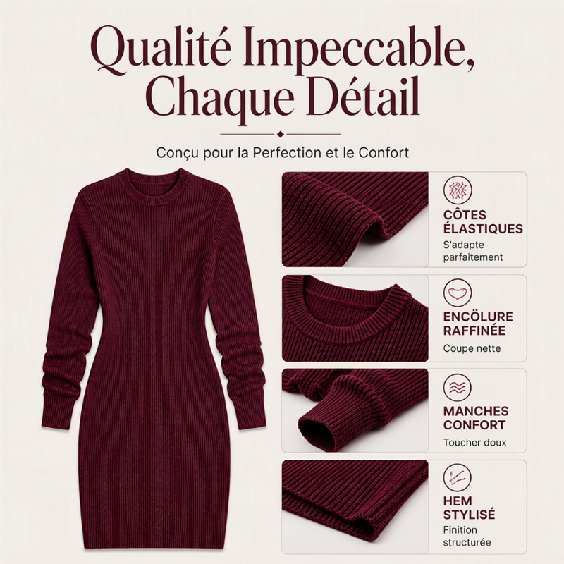 Robe moulante pour femme en maille côtelée à col rond