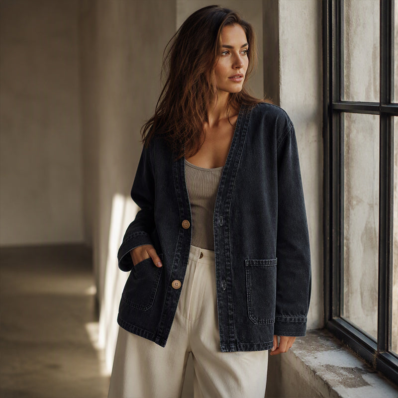 Cardigan en jean décontracté à col V pour femme