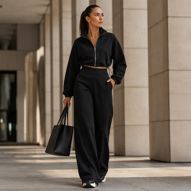 Ensemble pour femme : sweat court à fermeture éclair et pantalon large
