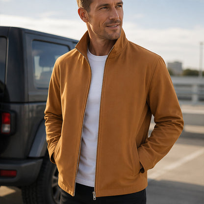 Veste décontractée pour homme à col montant et fermeture éclair, couleur unie