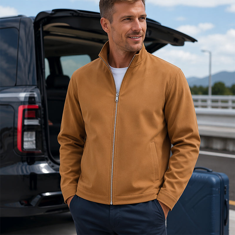 Veste décontractée pour homme à col montant et fermeture éclair, couleur unie