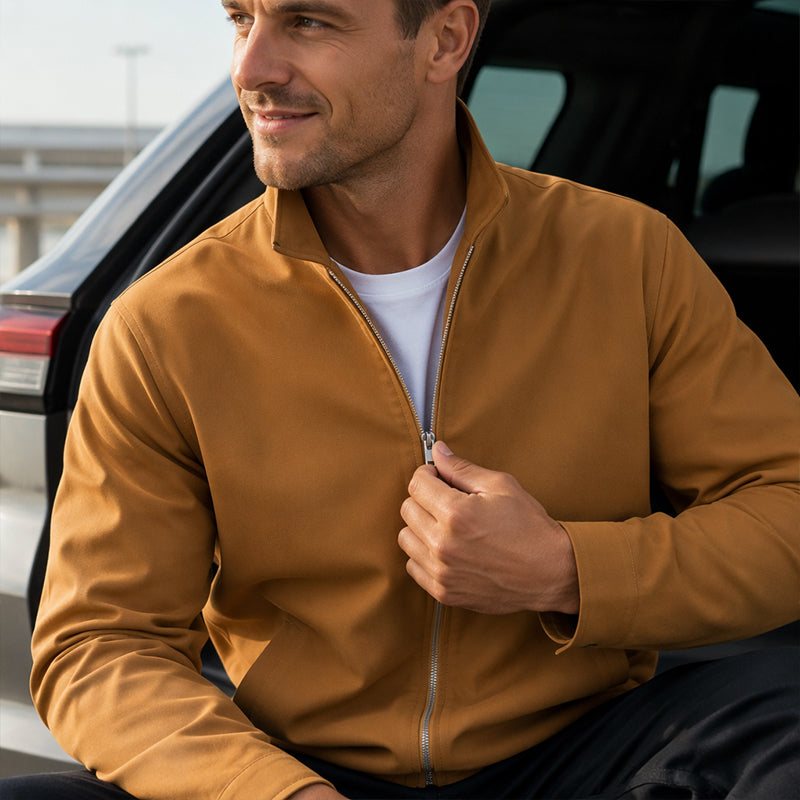 Veste décontractée pour homme à col montant et fermeture éclair, couleur unie