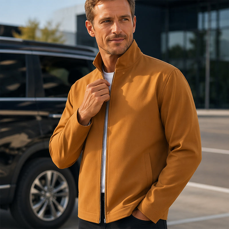 Veste décontractée pour homme à col montant et fermeture éclair, couleur unie