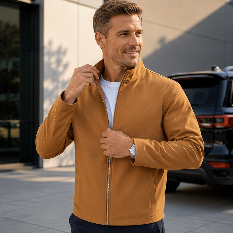 Veste décontractée pour homme à col montant et fermeture éclair, couleur unie