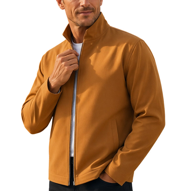 Veste décontractée pour homme à col montant et fermeture éclair, couleur unie