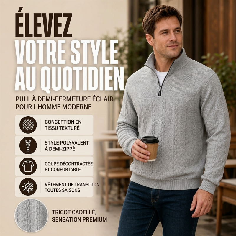 Sweat-shirt décontracté pour homme à demi-zip et motif jacquard