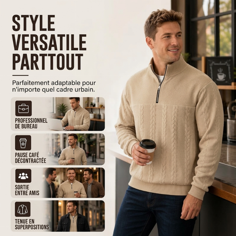 Sweat-shirt décontracté pour homme à demi-zip et motif jacquard