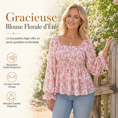 Blouse d'été décontractée pour femme, col carré, manches évasées, imprimé floral en mousseline, haut de vacances