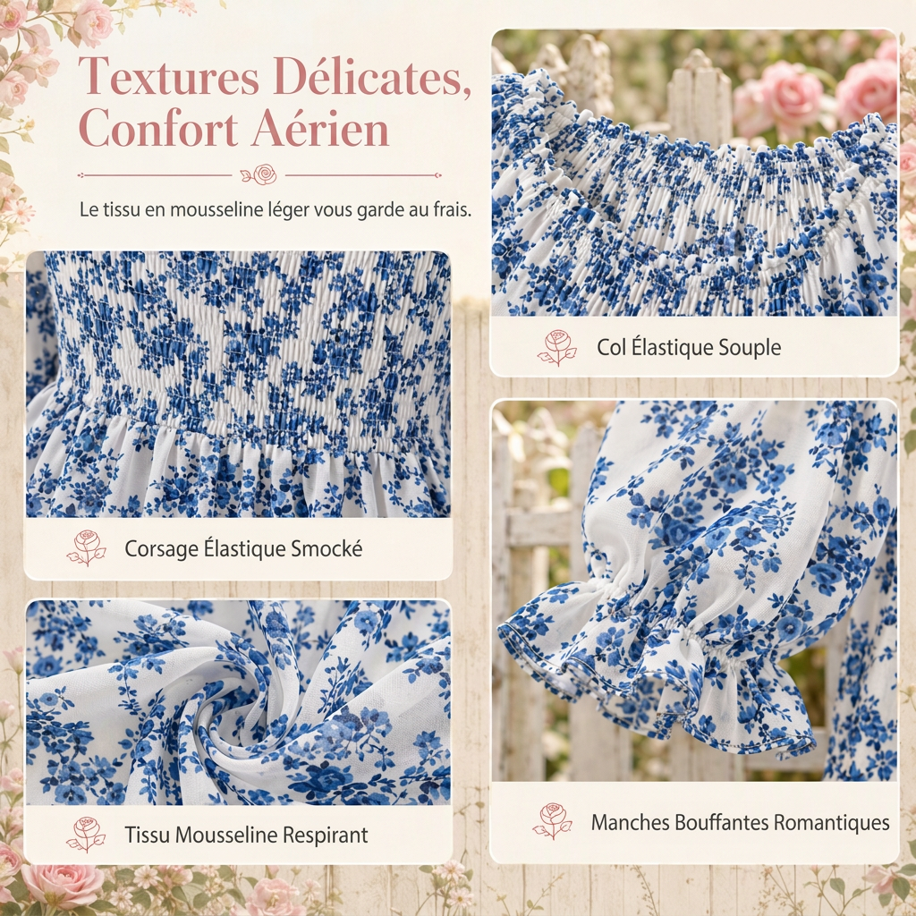 Blouse d'été décontractée pour femme, col carré, manches évasées, imprimé floral en mousseline, haut de vacances