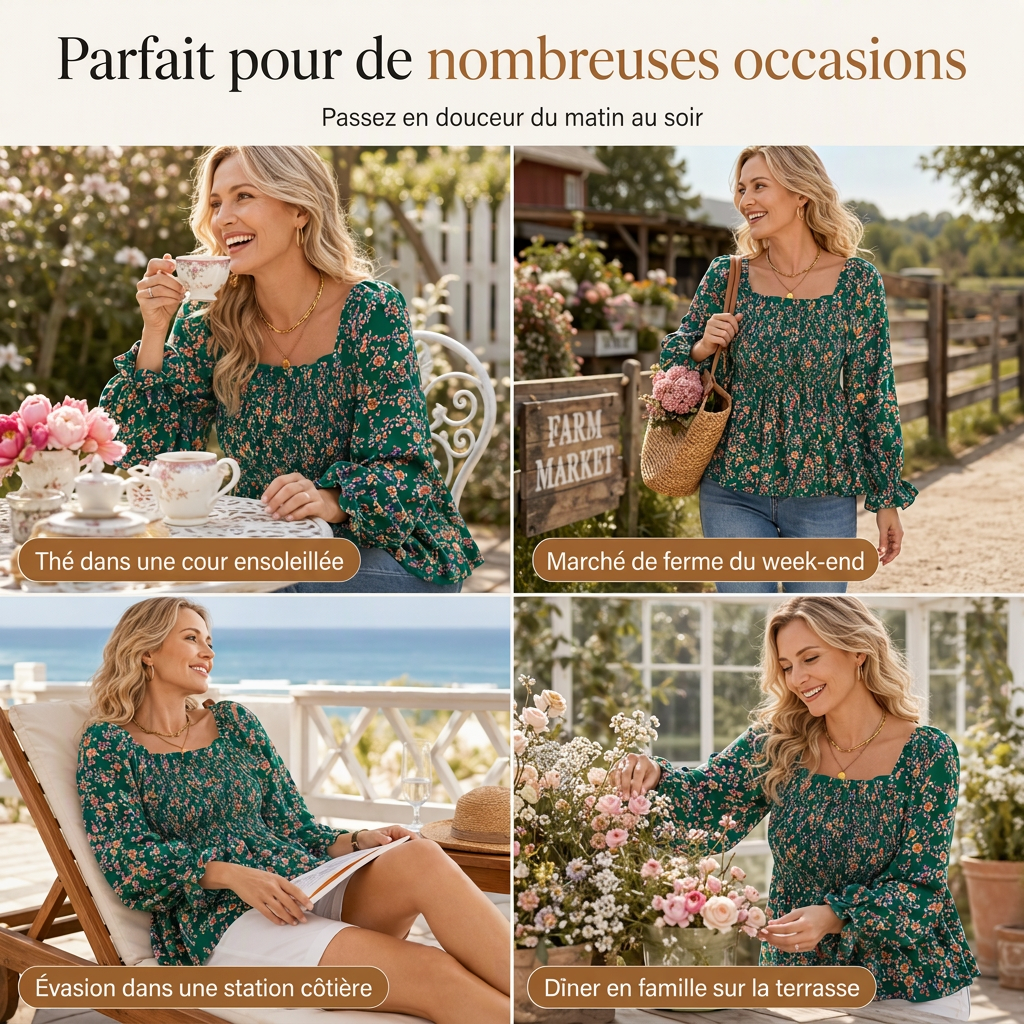 Blouse d'été décontractée pour femme, col carré, manches évasées, imprimé floral en mousseline, haut de vacances