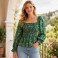 Blouse d'été décontractée pour femme, col carré, manches évasées, imprimé floral en mousseline, haut de vacances