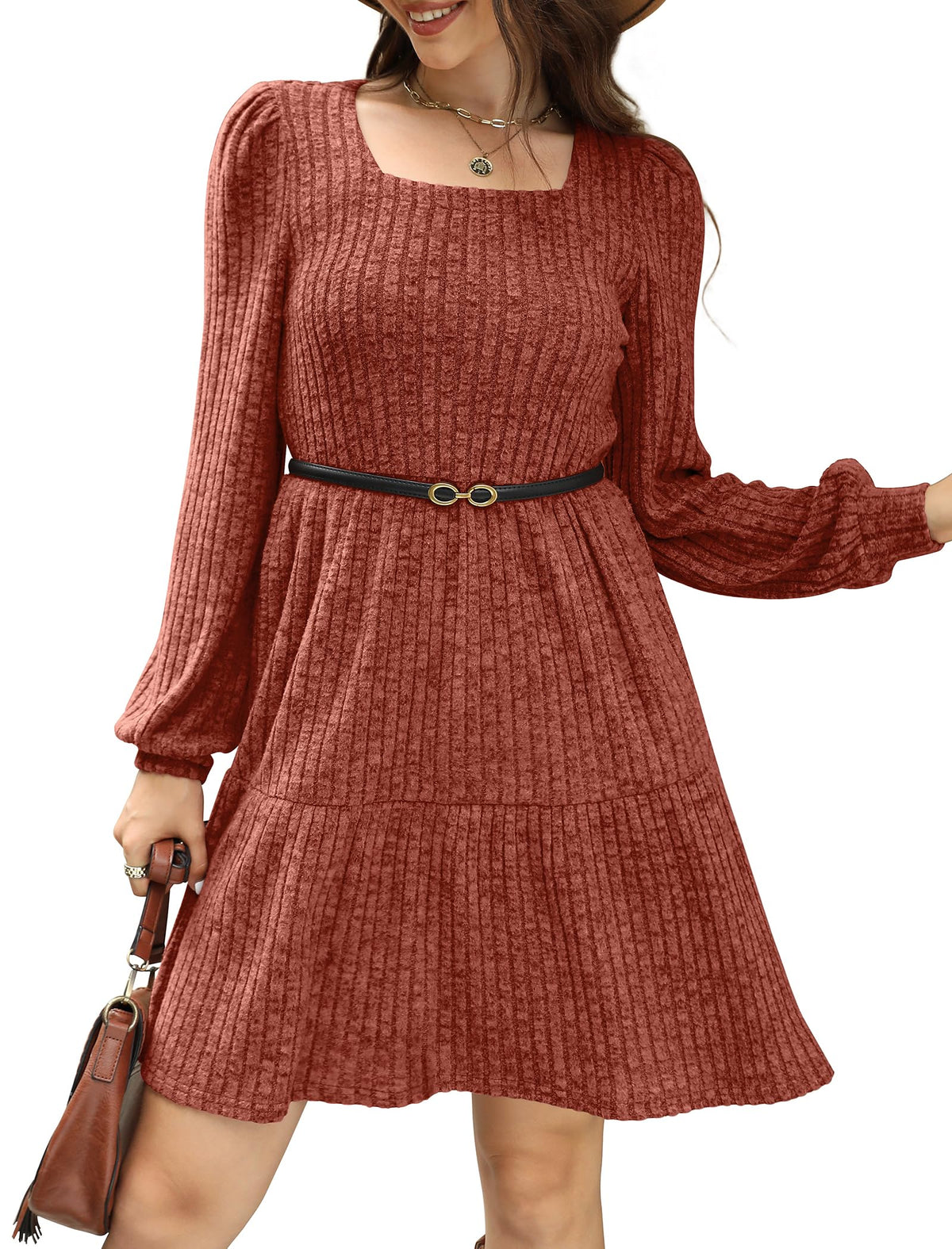 Robe côtelée à col carré et manches lanternes pour femmes