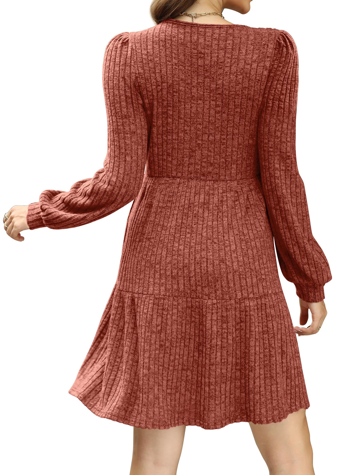 Robe côtelée à col carré et manches lanternes pour femmes
