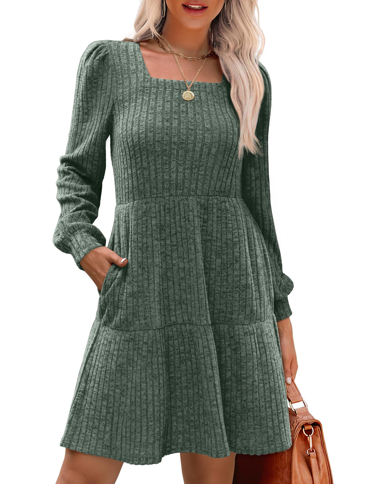 Robe côtelée à col carré et manches lanternes pour femmes