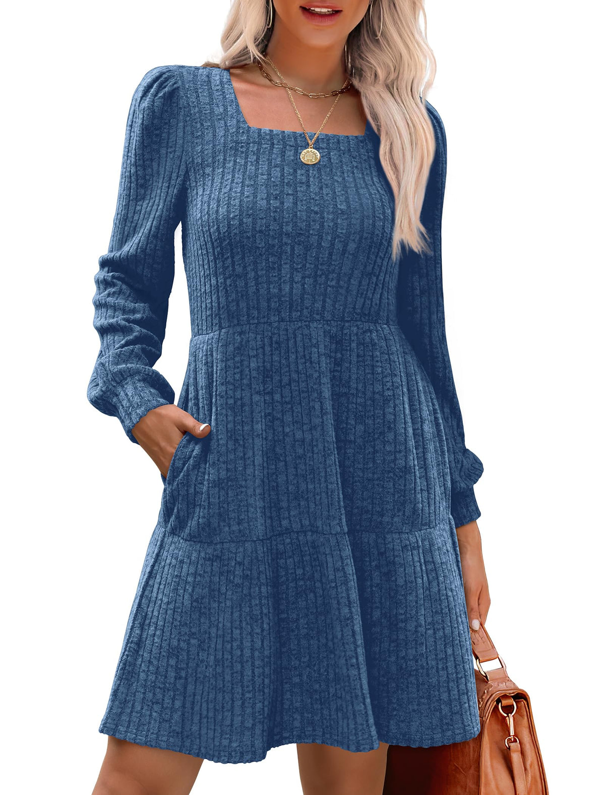Robe côtelée à col carré et manches lanternes pour femmes
