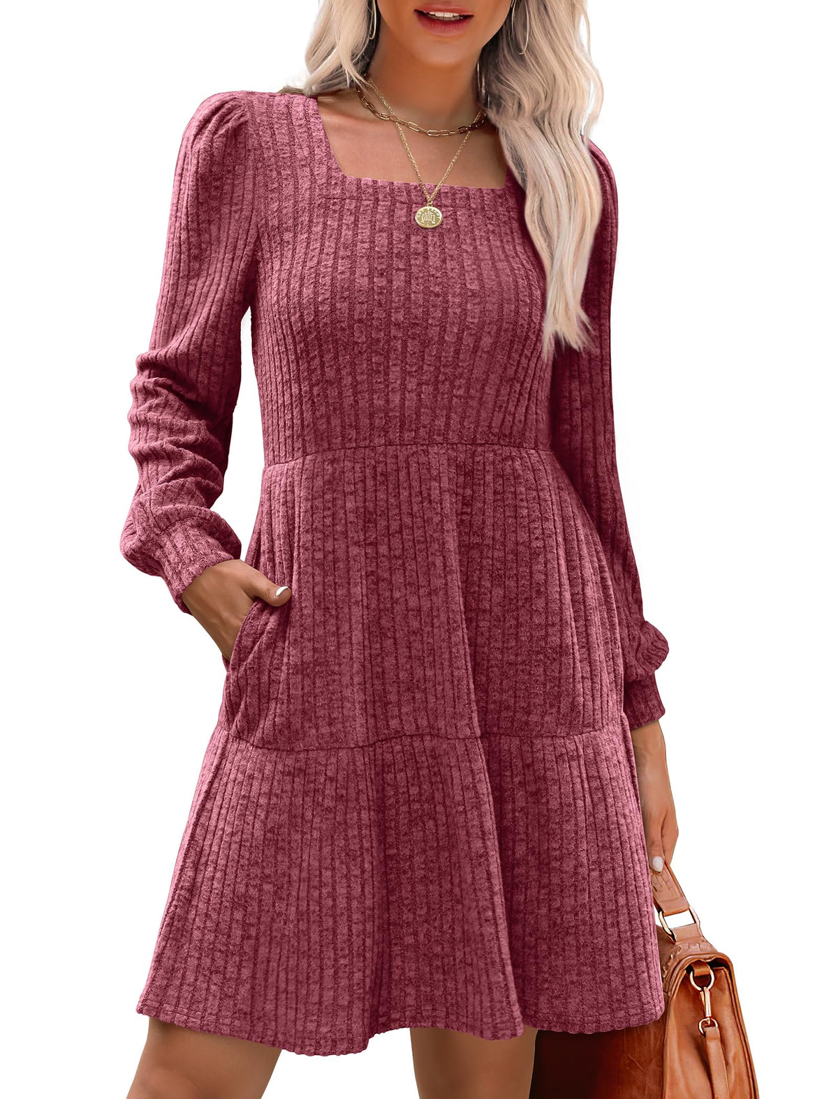 Robe côtelée à col carré et manches lanternes pour femmes