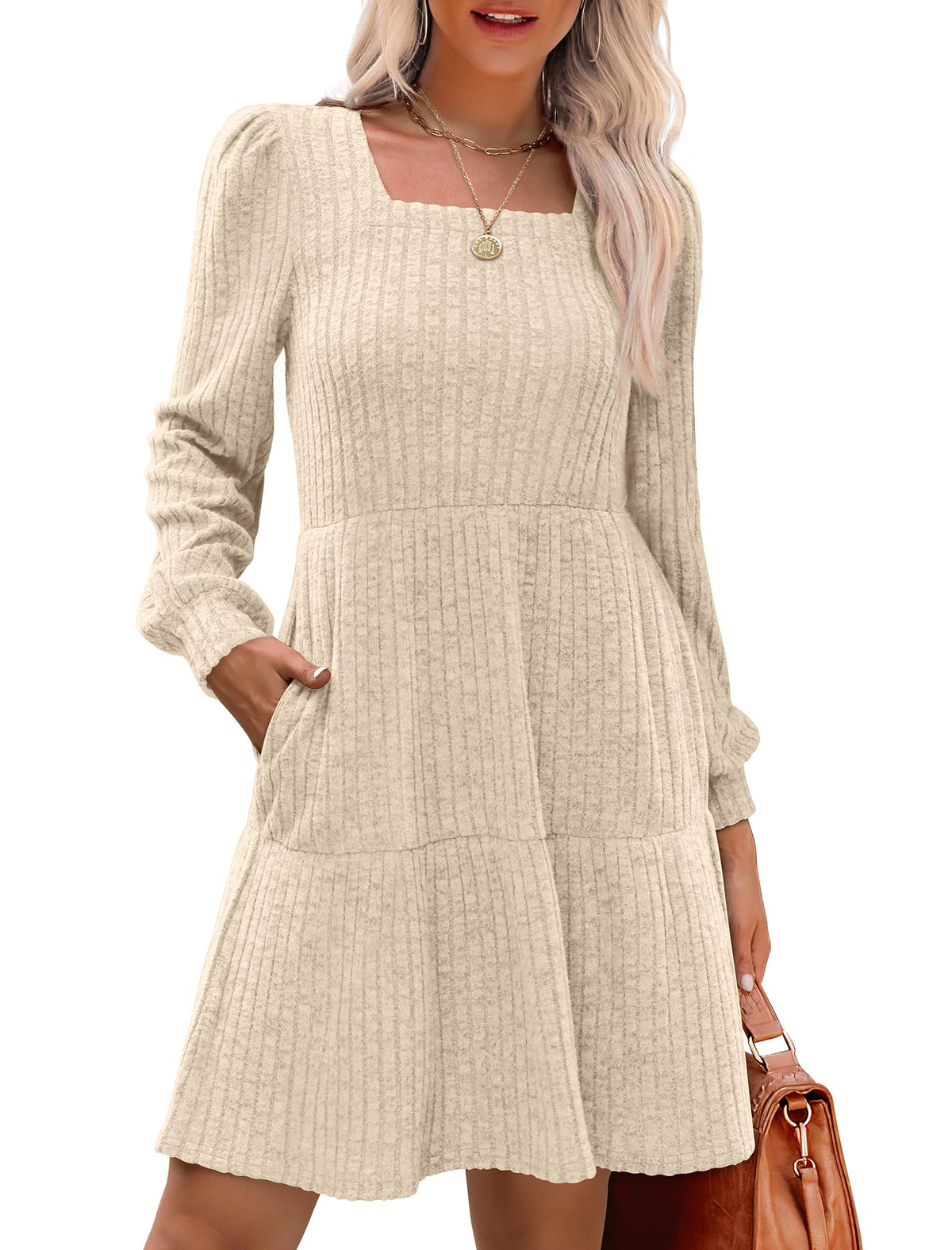 Robe côtelée à col carré et manches lanternes pour femmes