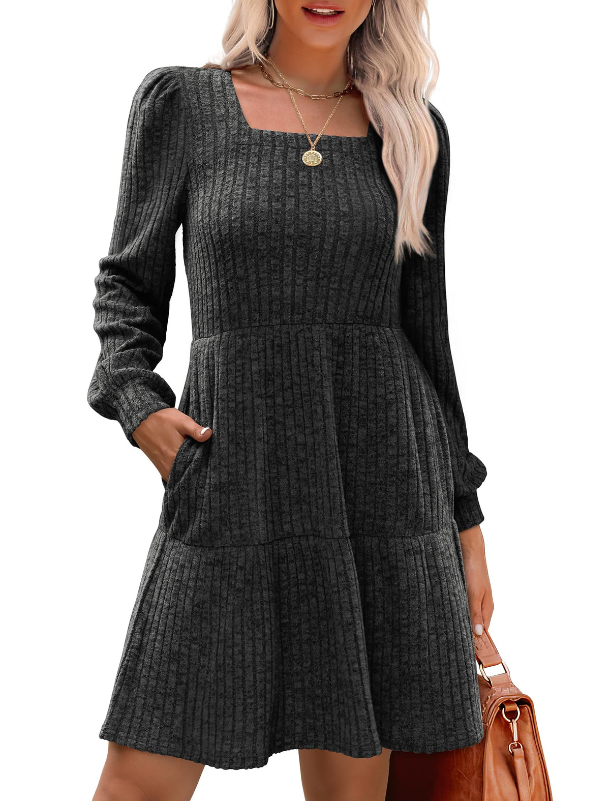 Robe côtelée à col carré et manches lanternes pour femmes