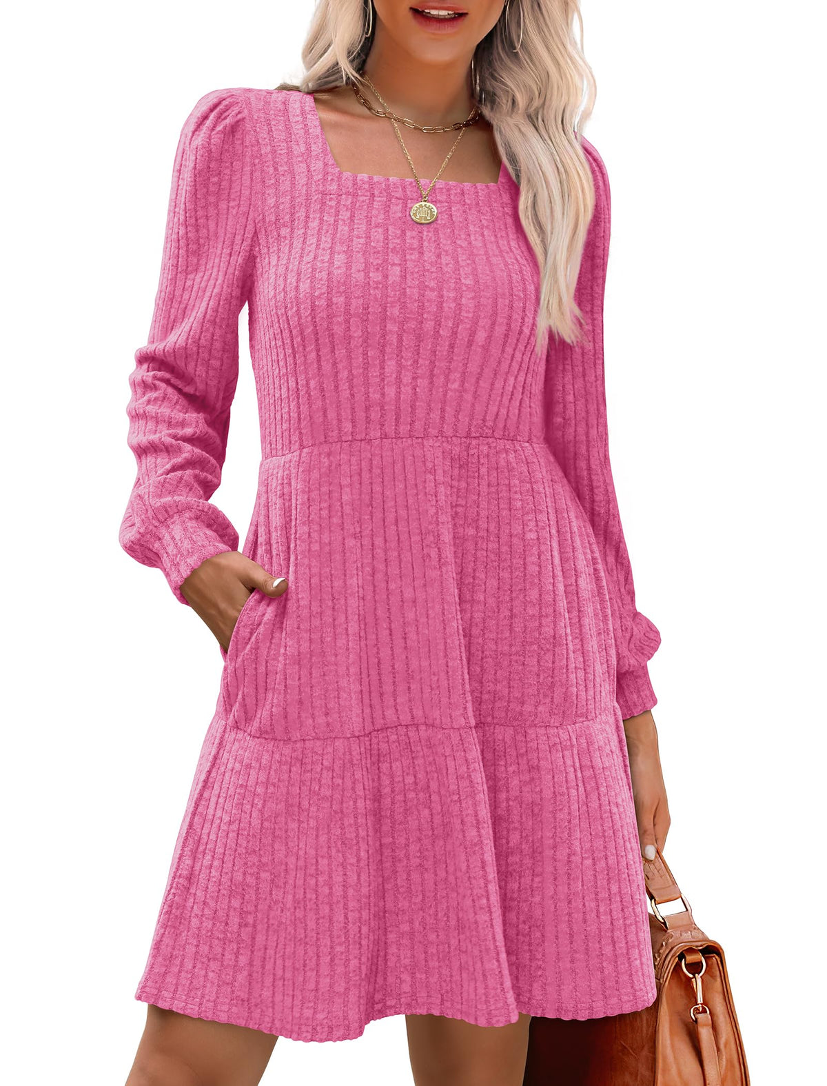 Robe côtelée à col carré et manches lanternes pour femmes