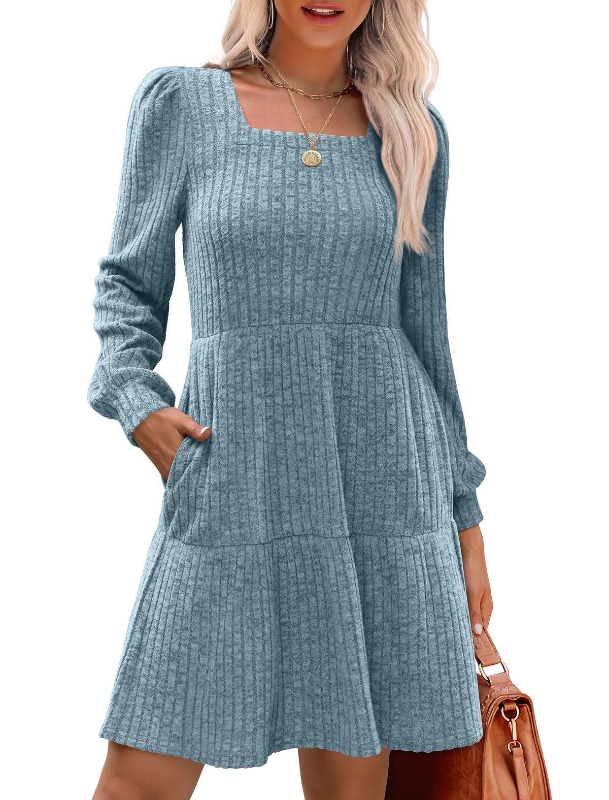 Robe côtelée à col carré et manches lanternes pour femmes