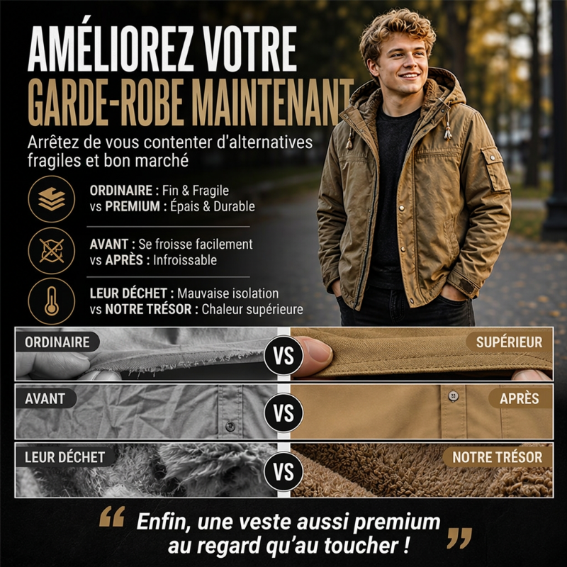 Veste utilitaire à capuche et doublure pelucheuse pour homme