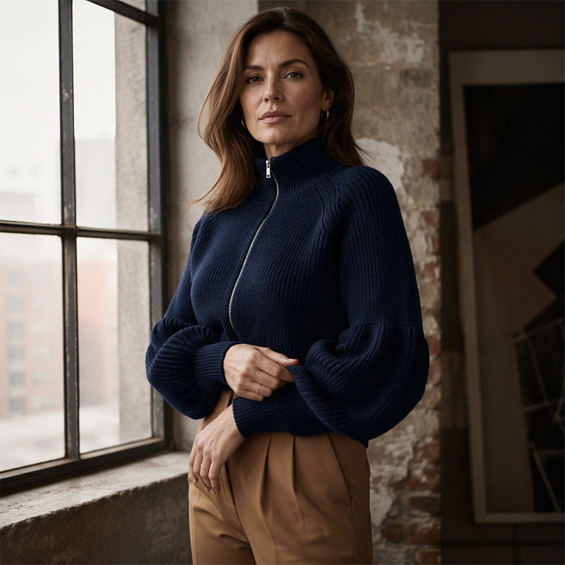 Pull en maille femme à manches bouffantes et fermeture éclair