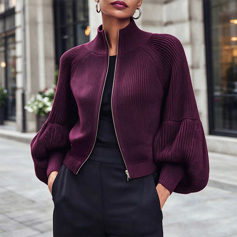 Pull en maille femme à manches bouffantes et fermeture éclair