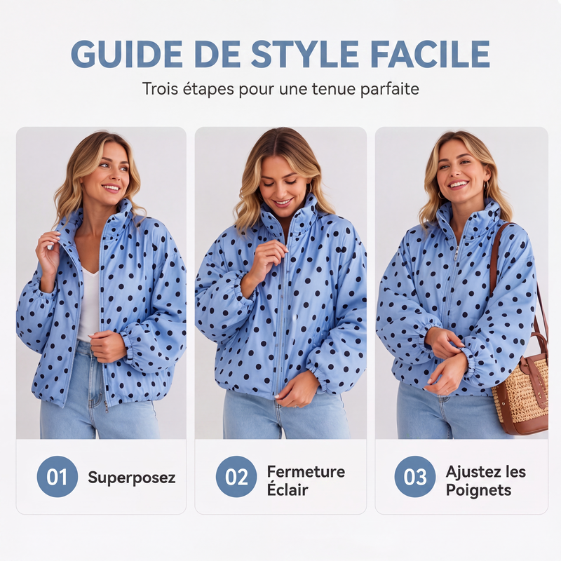 Veste décontractée à pois avec fermeture éclair pour femme