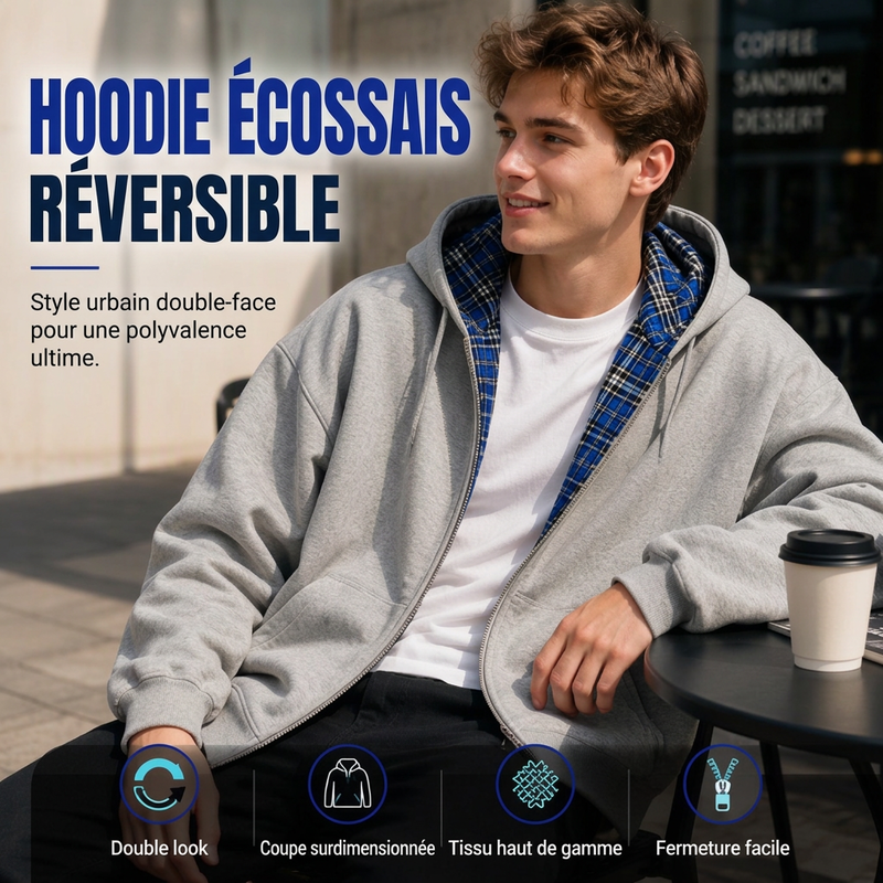 Veste à capuche unisexe réversible à motif tartan et fermeture éclair