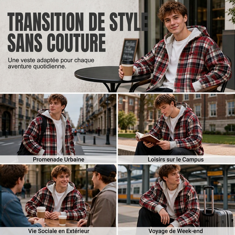 Veste à capuche unisexe réversible à motif tartan et fermeture éclair
