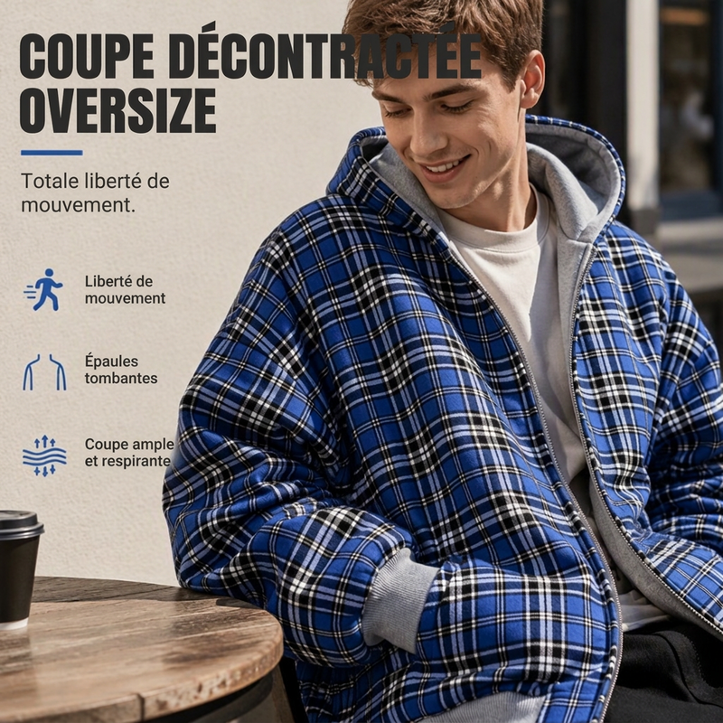 Veste à capuche unisexe réversible à motif tartan et fermeture éclair