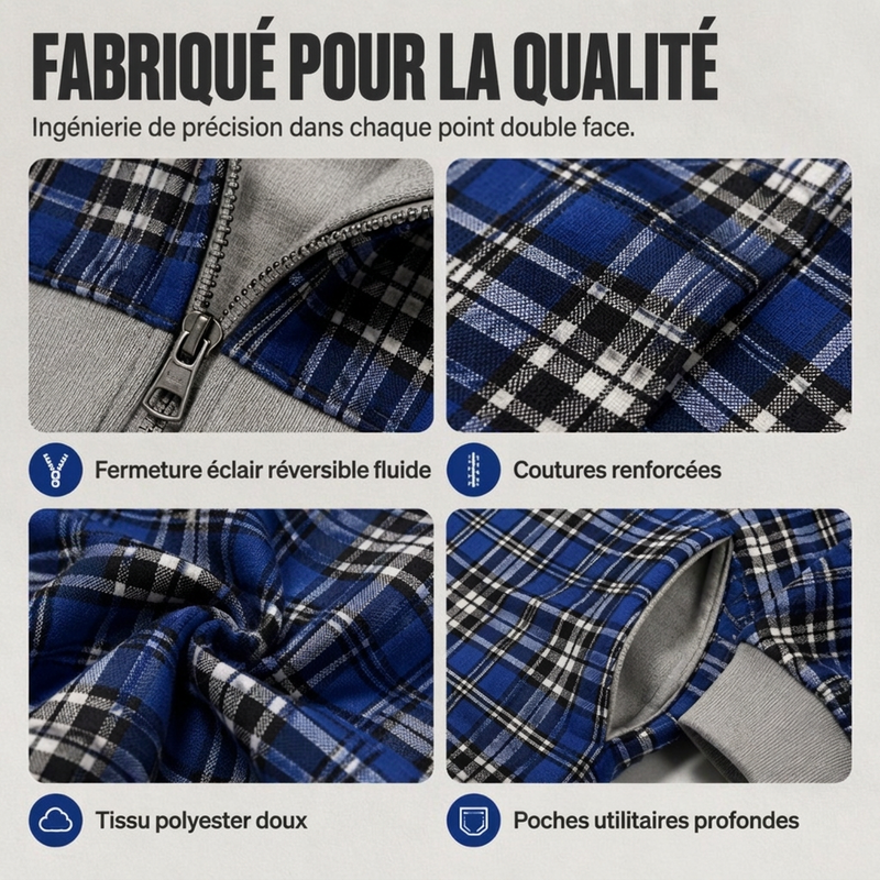 Veste à capuche unisexe réversible à motif tartan et fermeture éclair