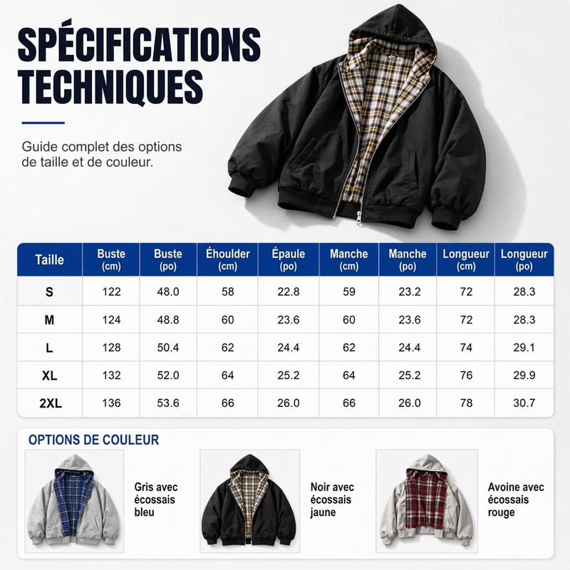 Veste à capuche unisexe réversible à motif tartan et fermeture éclair