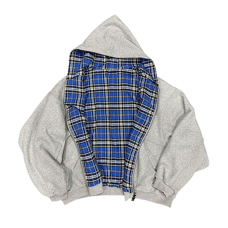 Veste à capuche unisexe réversible à motif tartan et fermeture éclair