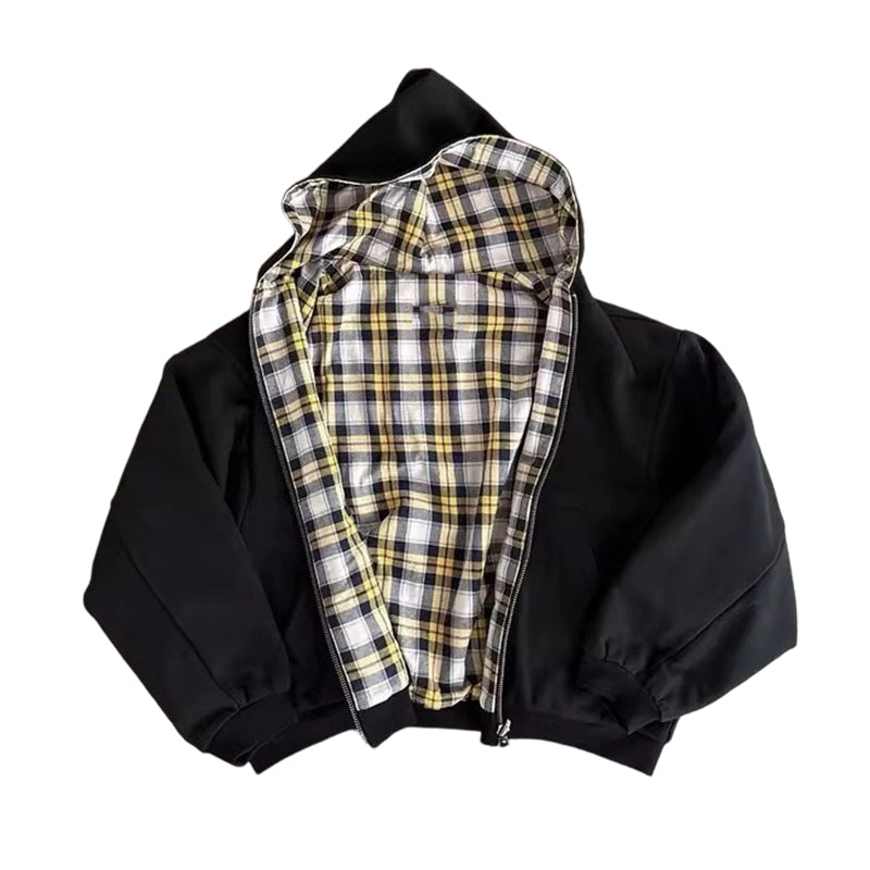 Veste à capuche unisexe réversible à motif tartan et fermeture éclair