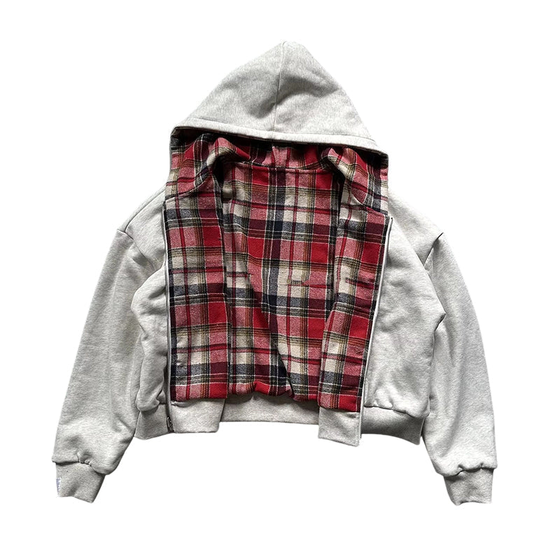 Veste à capuche unisexe réversible à motif tartan et fermeture éclair