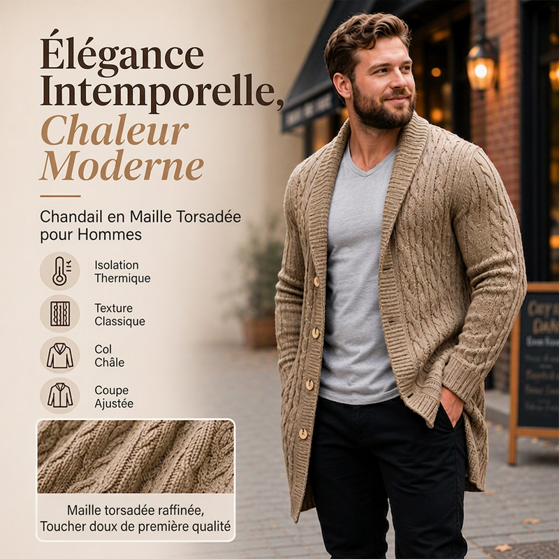 Cardigan mi-long pour homme en maille torsadée