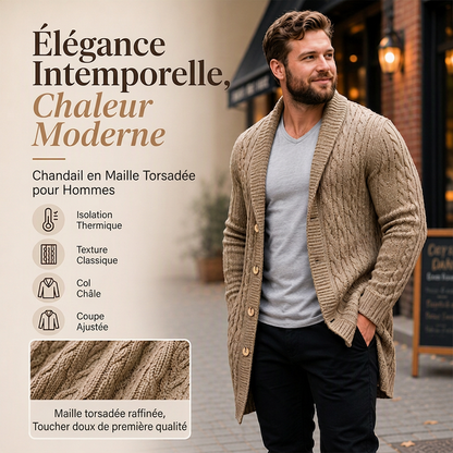 Cardigan mi-long pour homme en maille torsadée