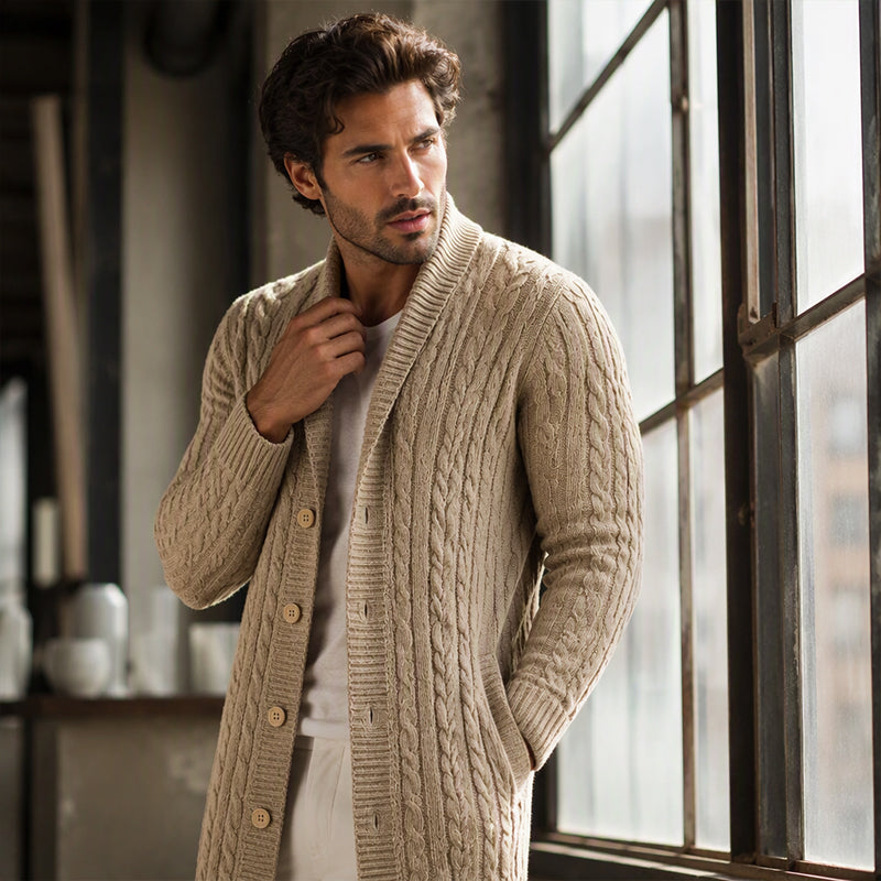 Cardigan mi-long pour homme en maille torsadée