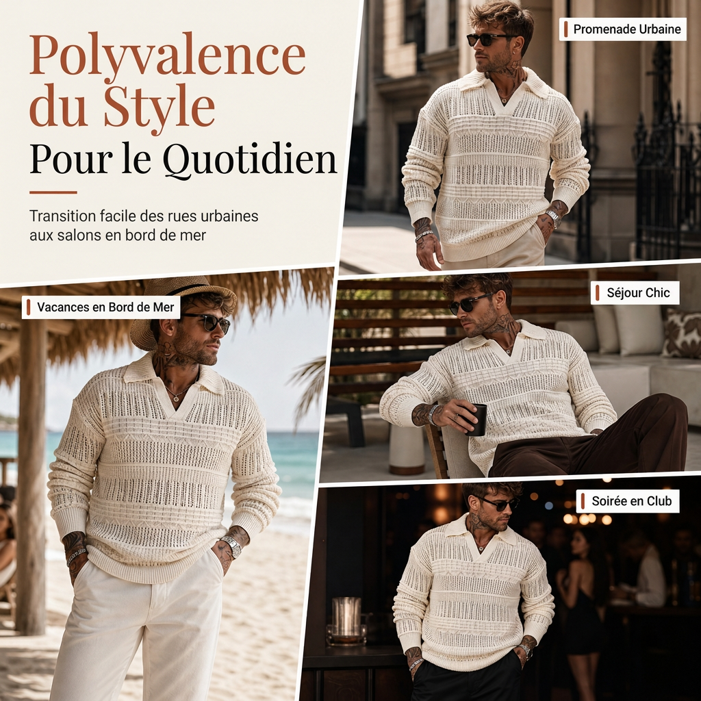 Pull en maille ajouré à col revers pour homme