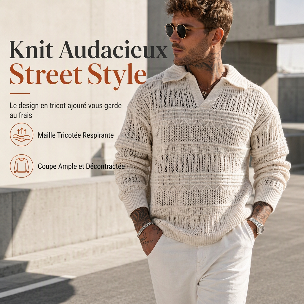 Pull en maille ajouré à col revers pour homme